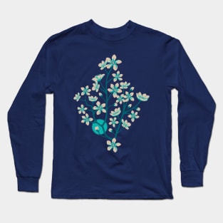 CHERRY BLOSSOMS Japanese Spring Floral Botanical with Sakura Flowers and Sun in Rainbow Palette Royal Blue Turquoise Teal - UnBlink Studio by Jackie Tahara Long Sleeve T-Shirt